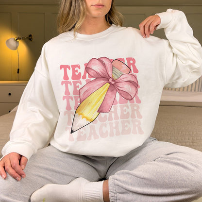 Petthouse | Custom Teacher Pencil Coquette Bow Shirt, Teach Love Inspire Techer Back To School