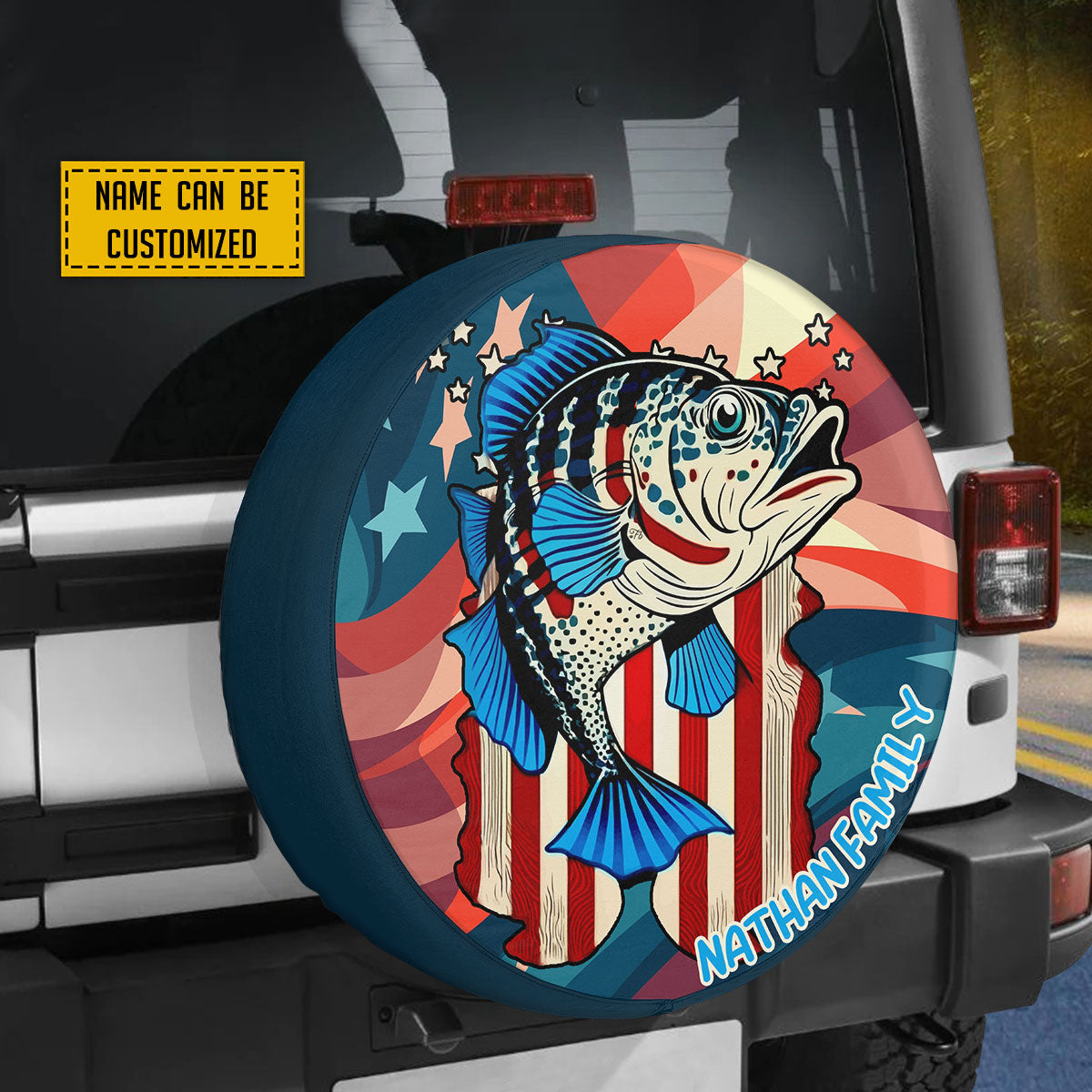 Petthouse | Customized Name Large Mouth Bass Fishing Usa Flag Spare Tire Cover Patriotic Fish Tire Protector Car