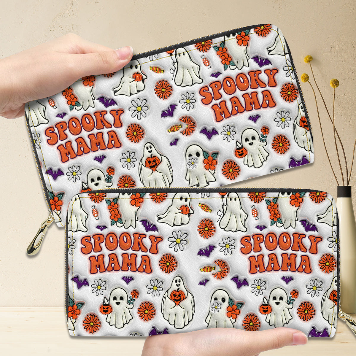 Petthouse | Spooky Mama 3d Print Leather Handbag, Halloween Mom Gift Wallet Bag, Mom Gift, Halloween Mom Gift Bags