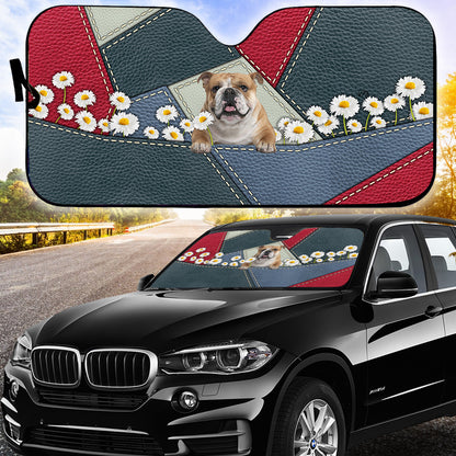 Petthouse | English Bulldog Sun Shade Dog Chamomile Windshield Sun Shade Leather Patchwork