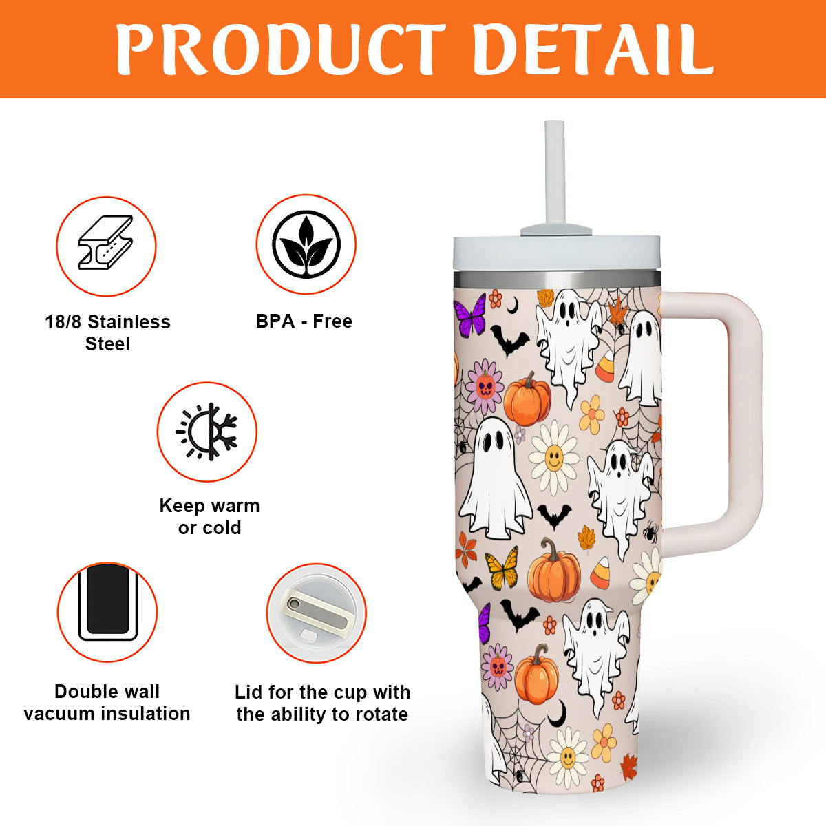 Petthouse | Retro Halloween Doodles 40oz Tumbler, Ghost Spooky Season, Haunted Ghost Pumpkin Spooky