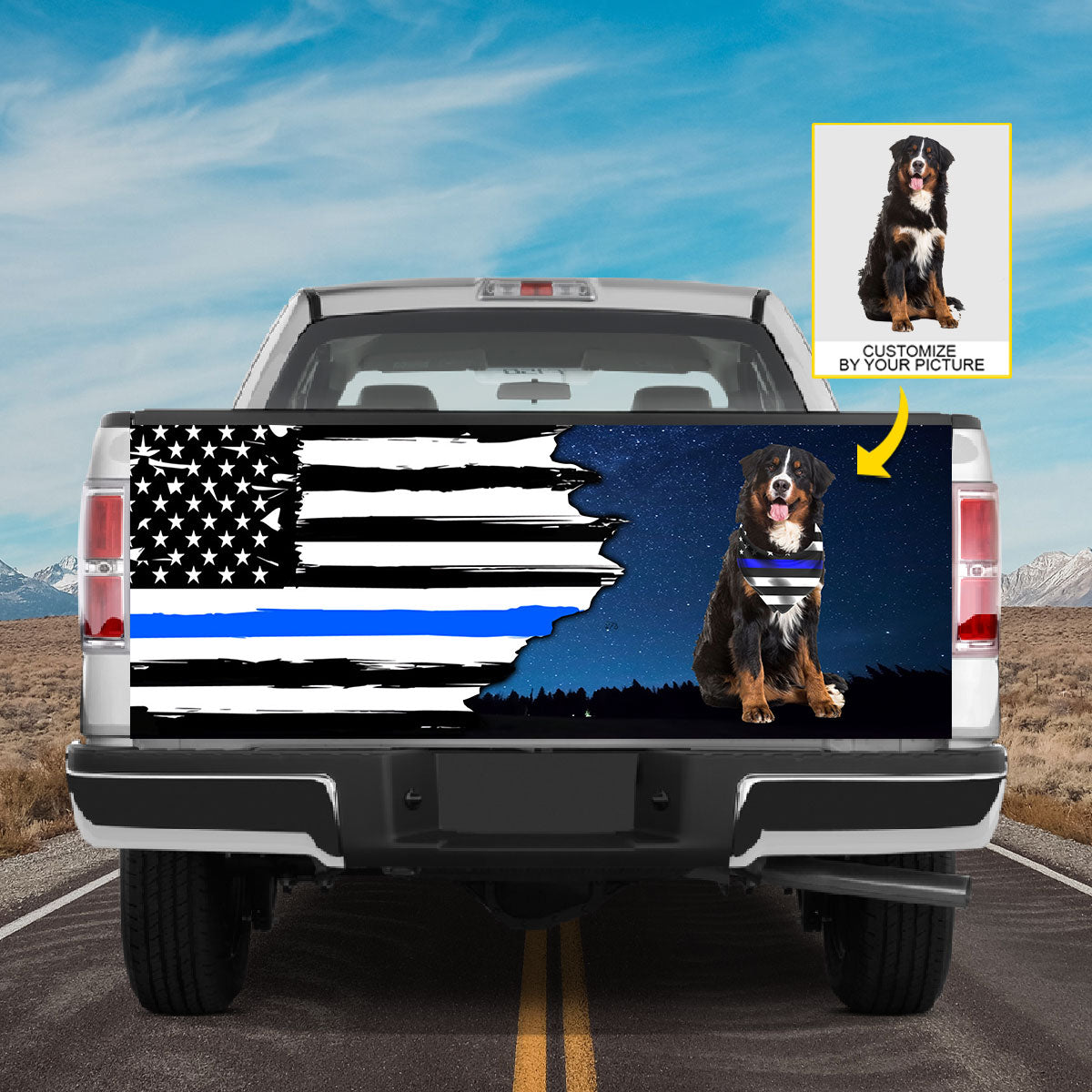 Petthouse | Tailgate Wrap Police Bernese Mountain The Thin Blue Line Tailgate Wrap US Flag Truck Tailgate