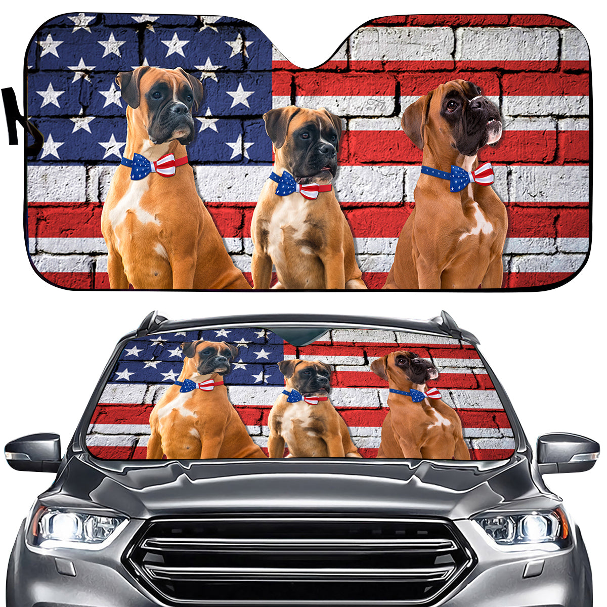 Petthouse | Dog Sunshade Boxer American Flag Car Sun Shade Windshield American Patriot Windshield Sun Shade