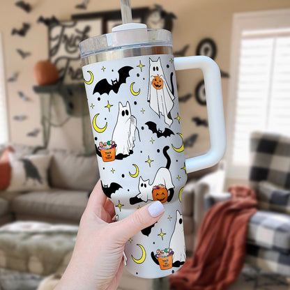 Petthouse | Сute Ghost Cat Tumbler 40oz, Halloween Ghost Cat Tumbler, Spooky Black Cat Stainless Steel Cup, Cat Lovers