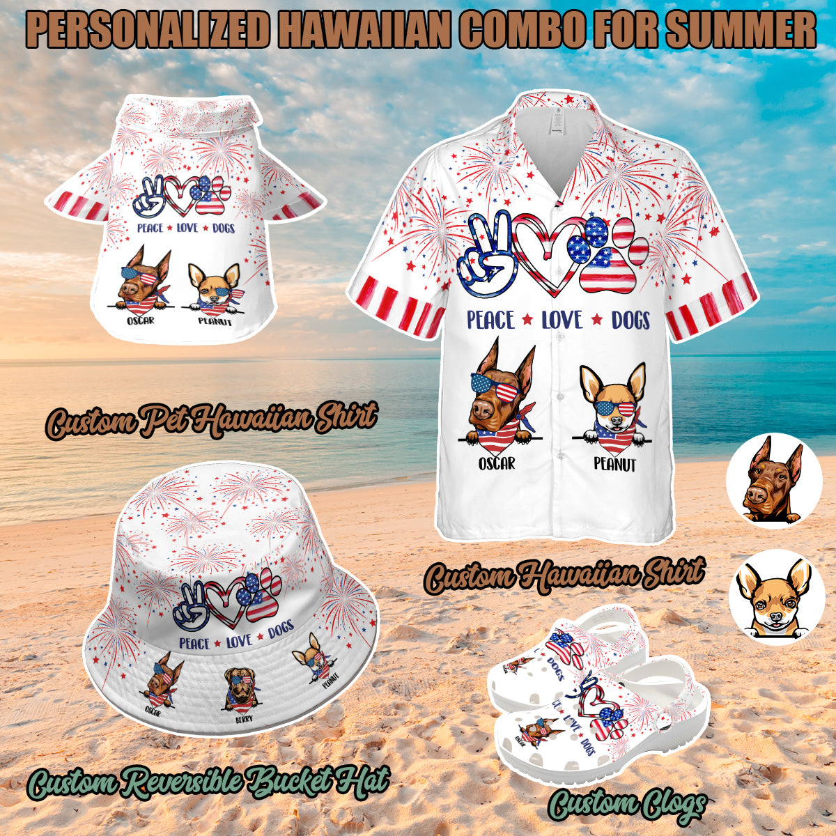 Petthouse | Custom Peace Love Dog Hawaiian Shirt For Dog Lover, 4th Of July Independence Day Summer