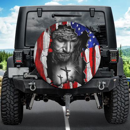 Petthouse | Jesus Grunge Usa Flag Farmhouse Durable Tire Protector Christian Faith Gift Spare Tire Cover