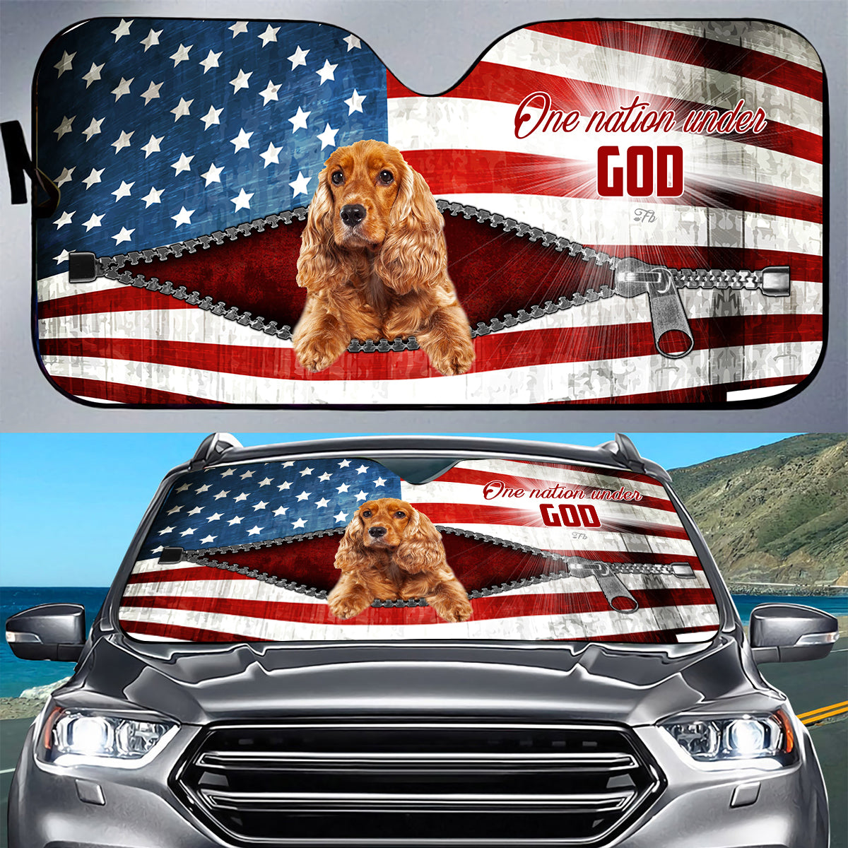 Petthouse | English Cocker Spaniel Windshield Sun Shade American Flag Windshield Cover One Nation Under God