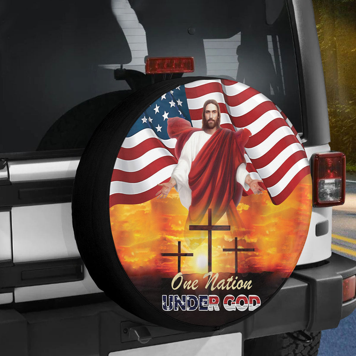 Petthouse | American Christian One Nation Under God Spare Tire Cover Christian Religious Verse Decor