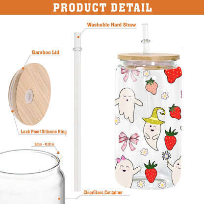 Petthouse | Strawberry Ghosts And Coquette Bows Glass Can, Cute Halloween Glass Can, Strawberry Ghost Cup