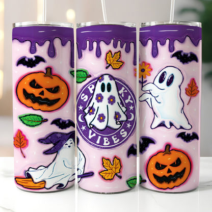 Petthouse | Ghost Spooky Vibes Purple Skinny Tumbler, Halloween Ghost 3d Inflated Effect Printed Tumbler