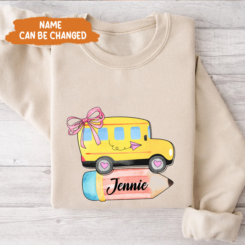 Petthouse | Personalized School Bus With Name Bow Shirt, Coquette Back To School Shirt, School Girl