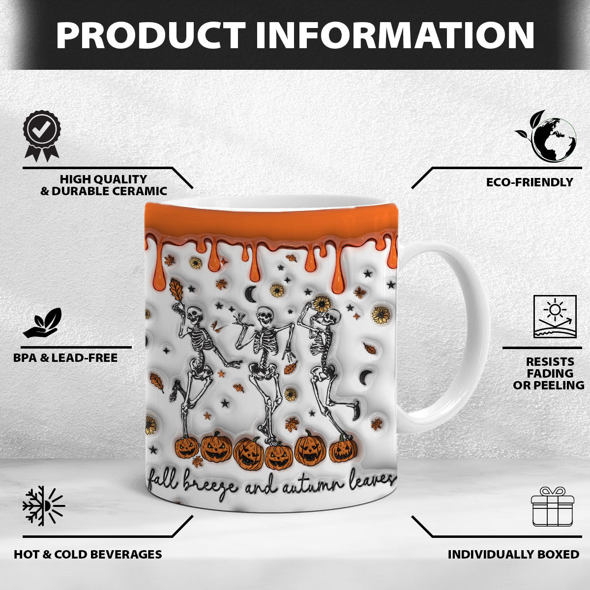 Petthouse | Skeletons Fall Breeze And Autumn Leaves Inflated 3d Effect Mug, Spooky Dancing Skeletons