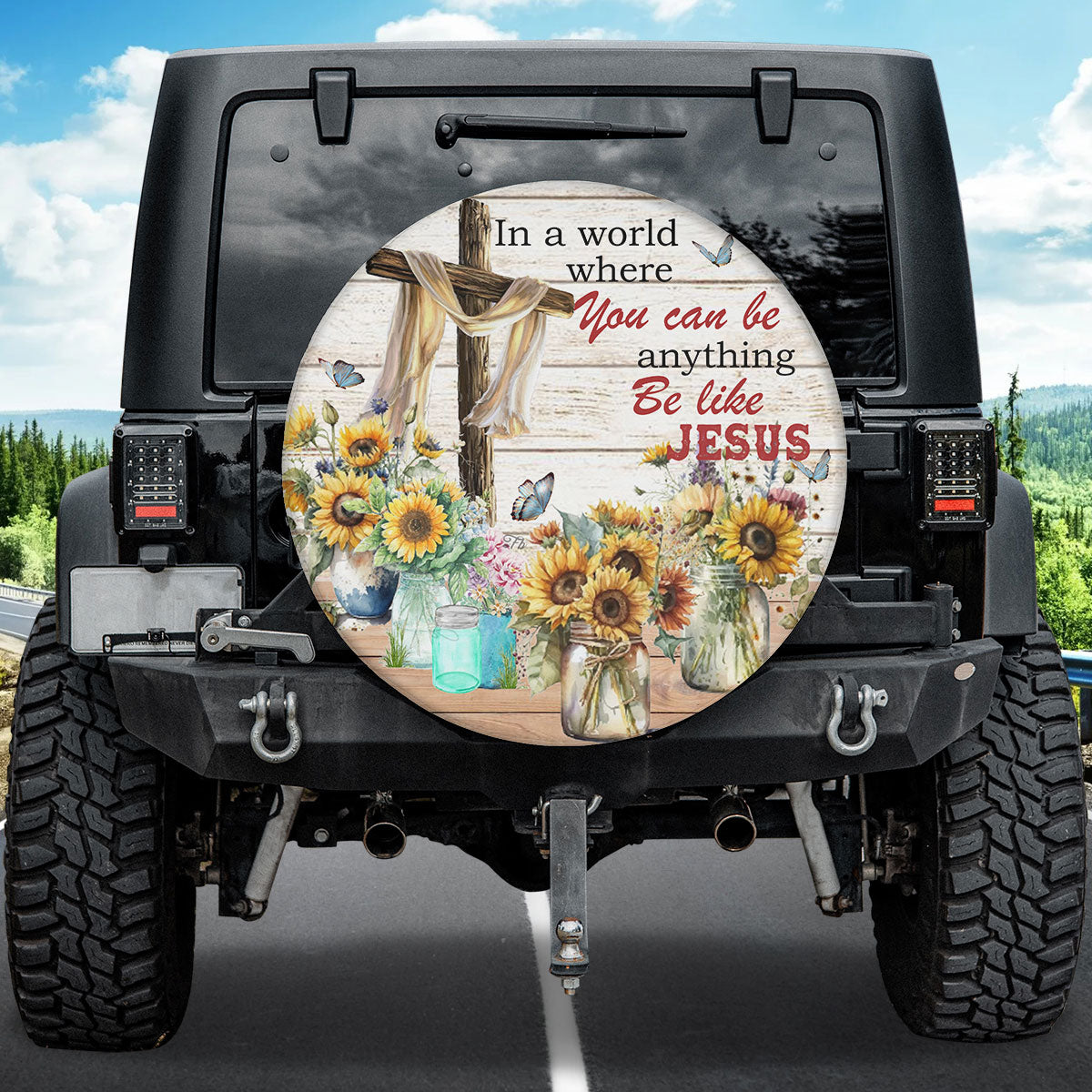 Petthouse | Jesus Cross Sunflower Farmhouse Custom Tire Cover Jesus Christian Religious Spare Tire Cover