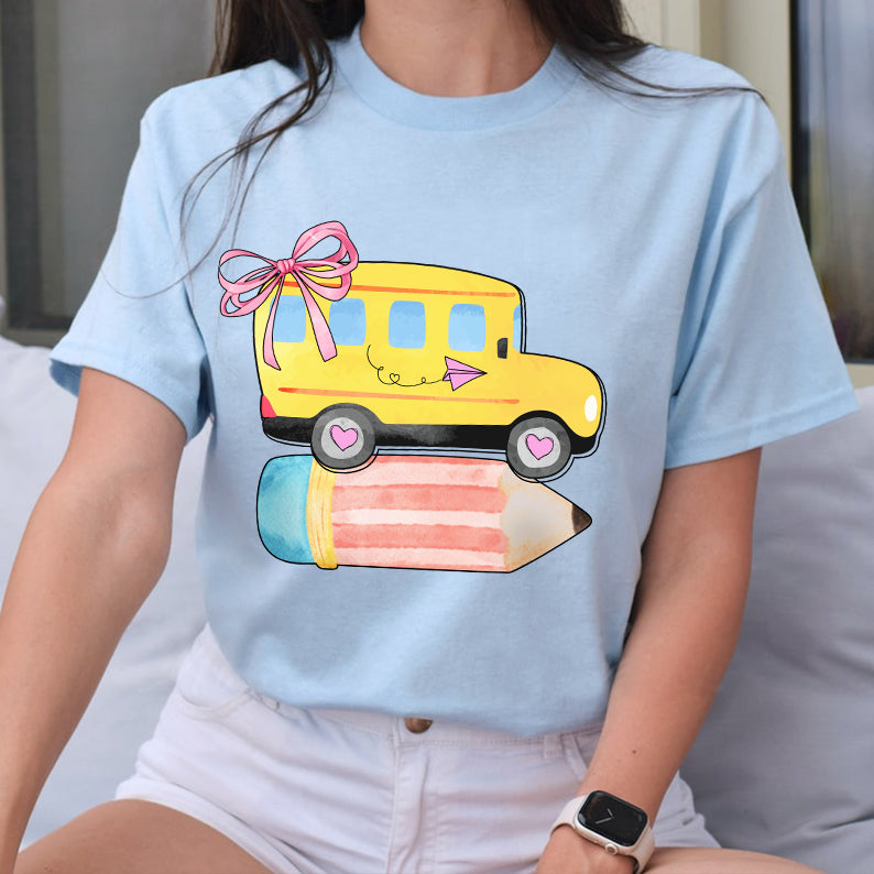 Petthouse | Personalized School Bus With Name Bow Shirt, Coquette Back To School Shirt, School Girl