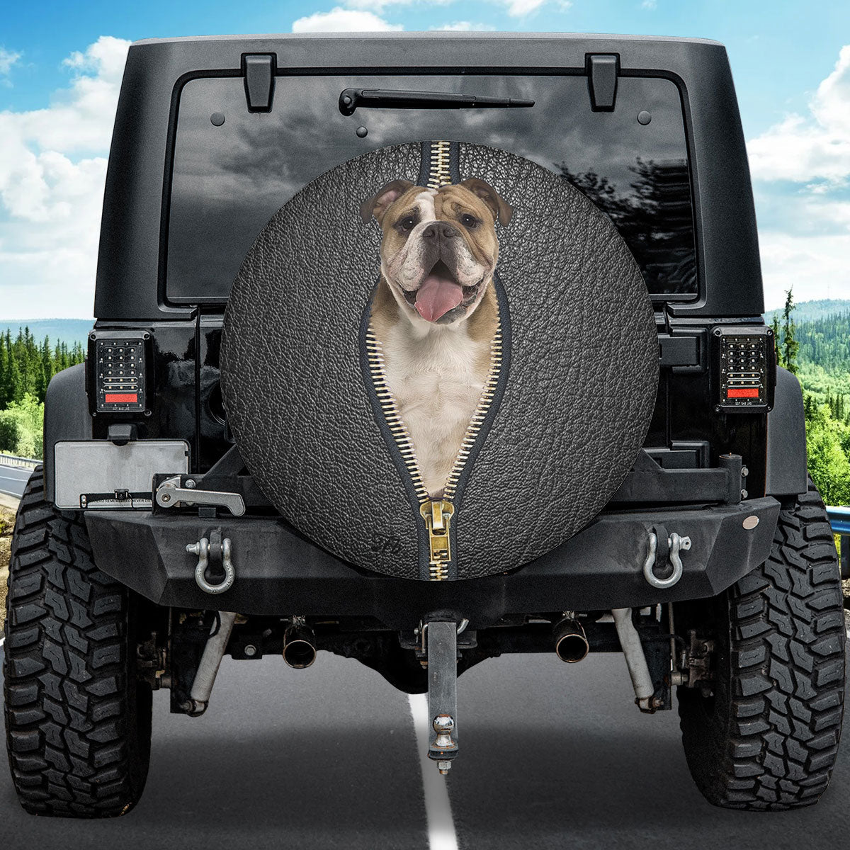 Petthouse | English Bulldog Tire Protector Black Leather Zipper Print Spare Tire Cover English Bulldog Mom Dad