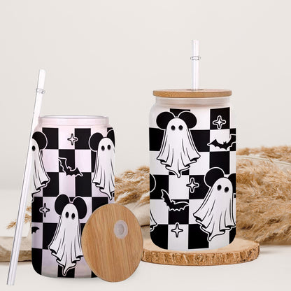 Petthouse | Ghost Mouse Halloween Glass Can, Halloween Mouse Glass Can Wrap, Checkered Ghost, Checkerboard