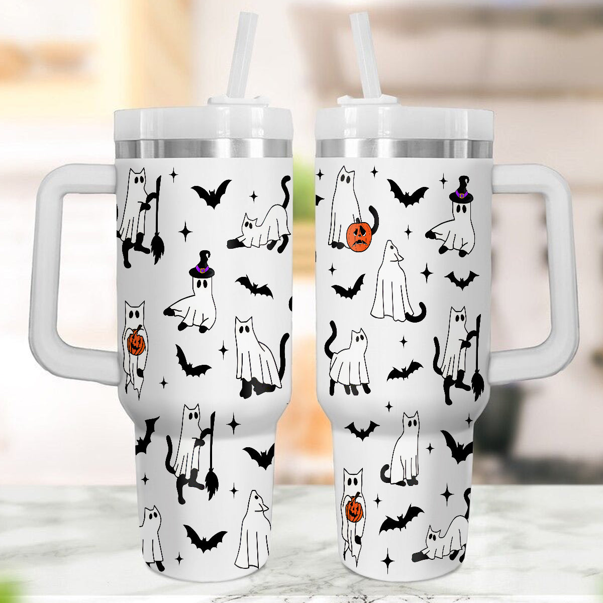 Petthouse | Ghost Cat 40oz Tumbler, Spooky Cat Ghost, Halloween Ghost Black Cat Stainless Steel Tumbler