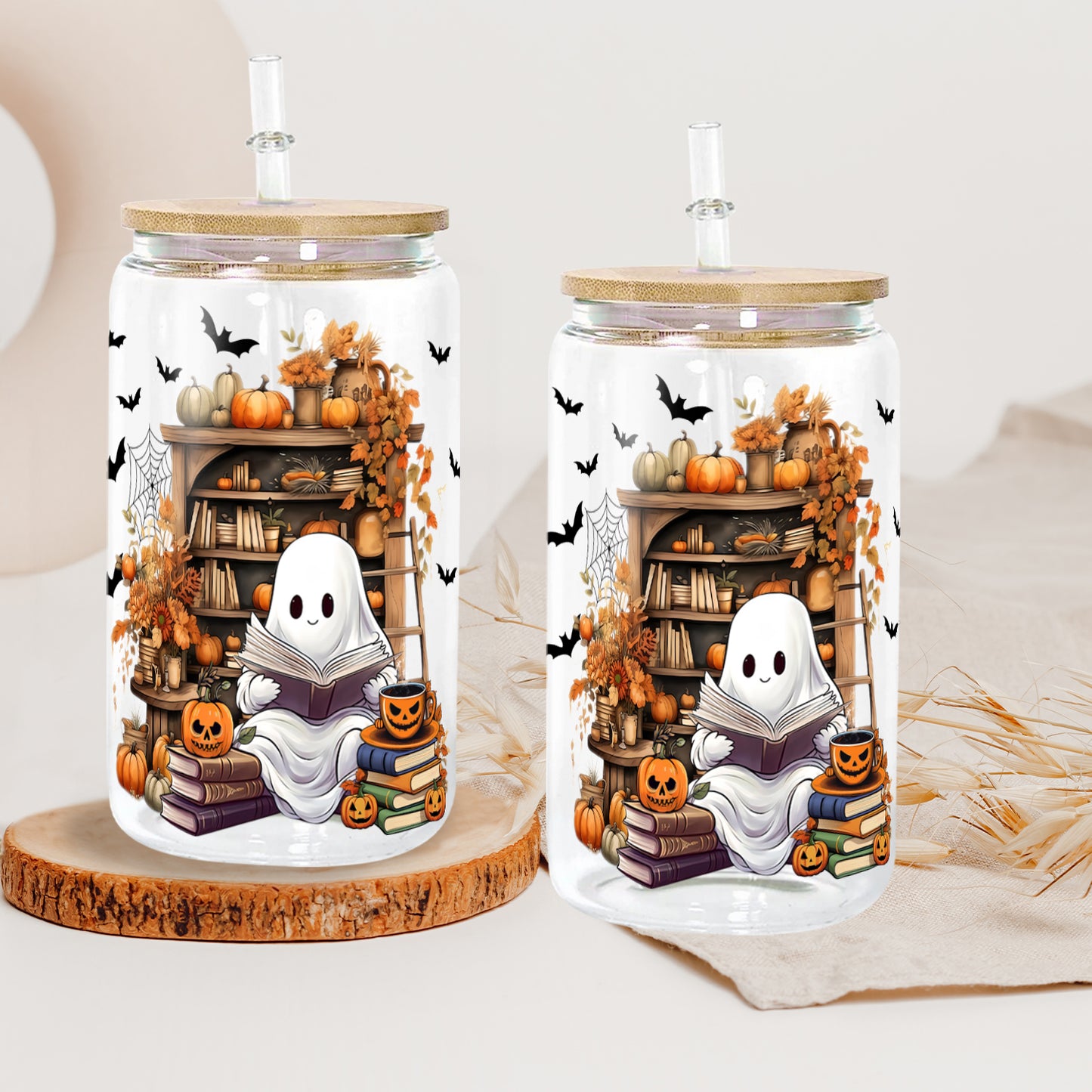 Petthouse | Cute Ghost Reading Book Glass Can, Ghostly Bookish Cup, Housewarming Party, Halloween Book