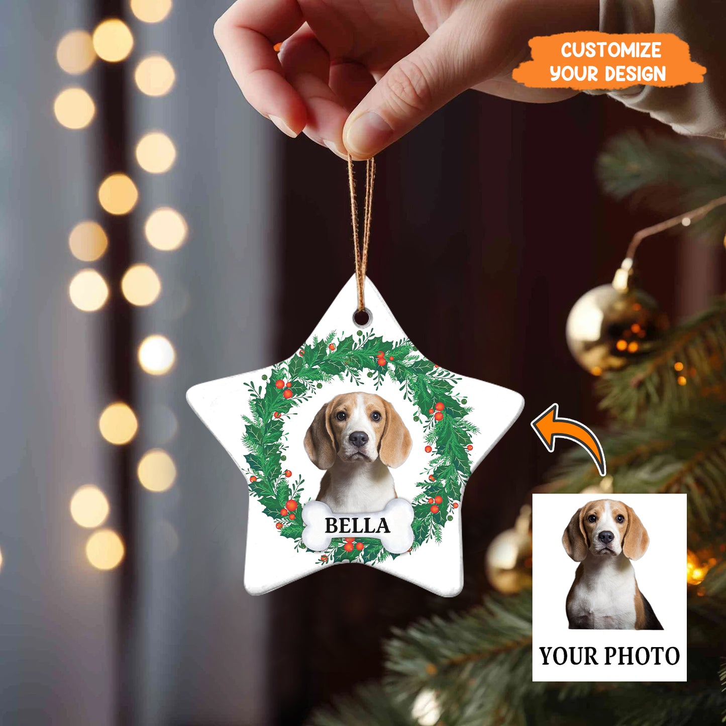 Petthouse | Personalize Dog Photo Ornament, Dog Christmas Wreath Ornament, Forever Love, Ornament Decor Tree