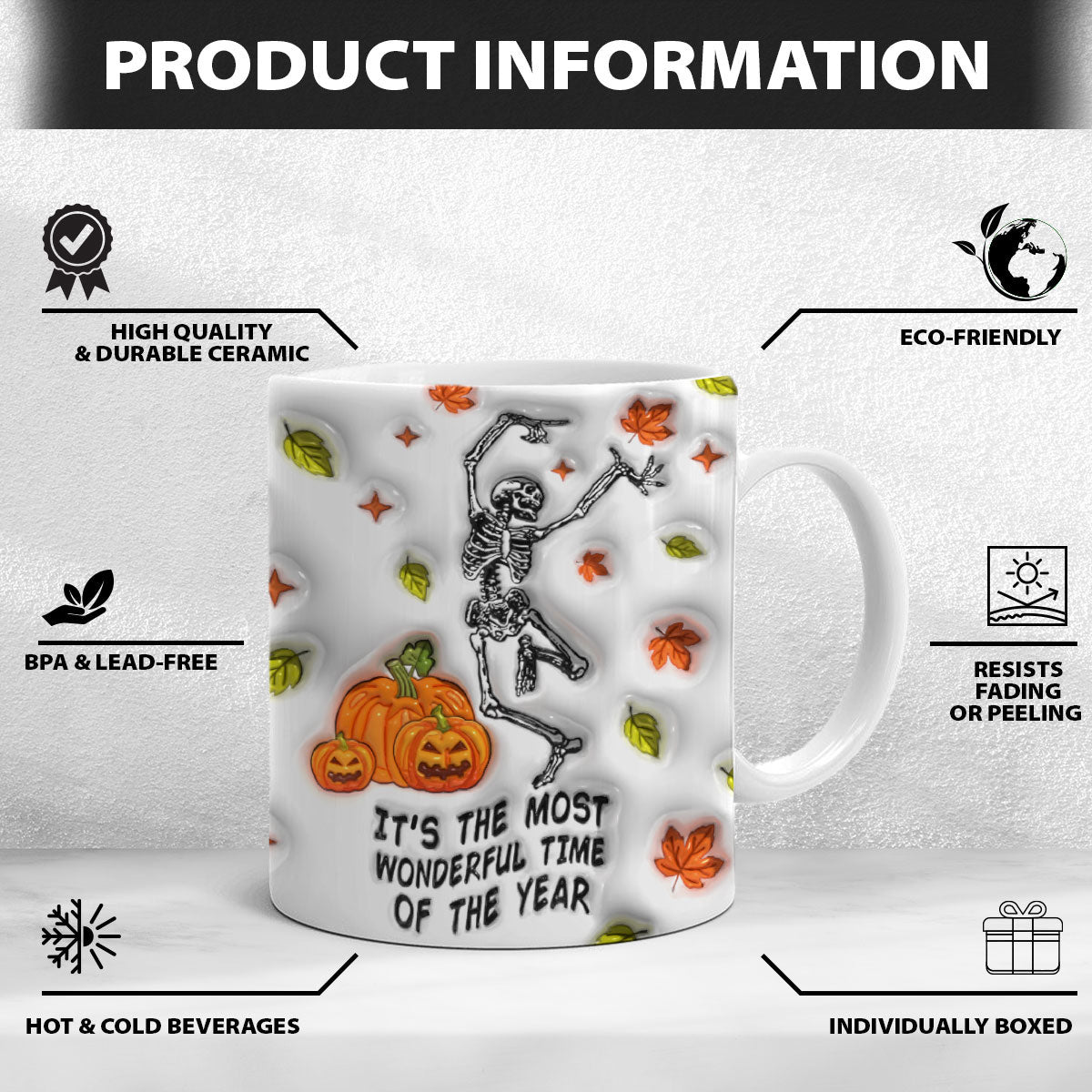 Petthouse | It's The Most Wonderful Time Of The Year Halloween Mug, Skeleton Spooky Dancing 3d Inflated Mug