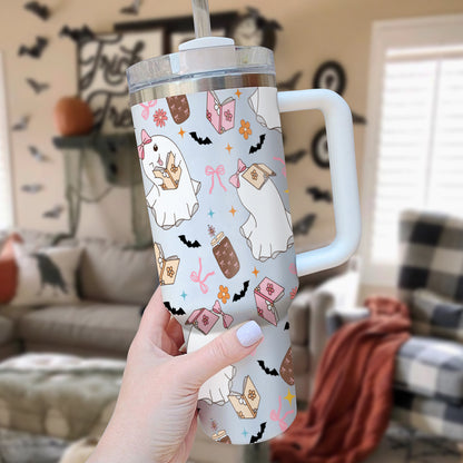 Petthouse | Ghost Reading Book 40oz Tumbler, Ghost Bookish Halloween, Spooky Tumbler For Book Lovers