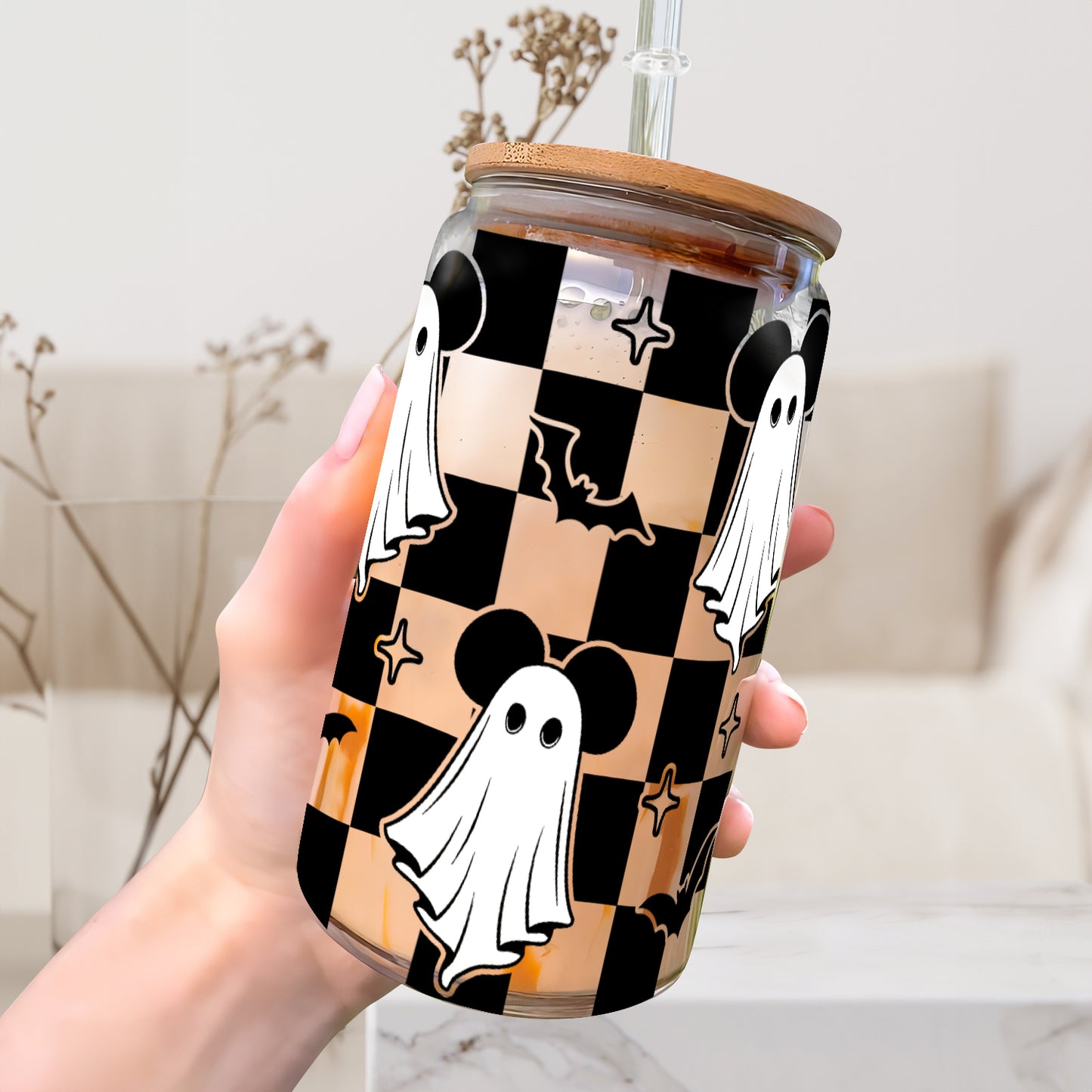 Petthouse | Ghost Mouse Halloween Glass Can, Halloween Mouse Glass Can Wrap, Checkered Ghost, Checkerboard