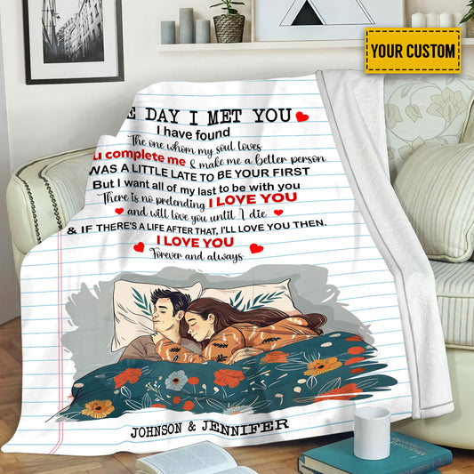 Petthouse | Personalized Chibi Couple Soft Blanket, The Day I Met You Fleece Blanket, Honeymoon Beach Blanket