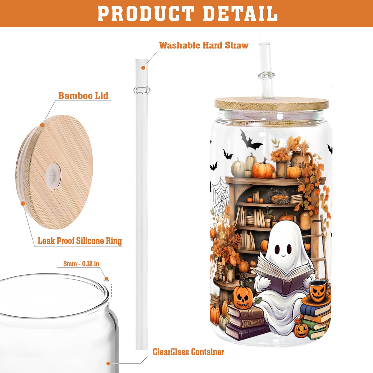 Petthouse | Cute Ghost Reading Book Glass Can, Ghostly Bookish Cup, Housewarming Party, Halloween Book