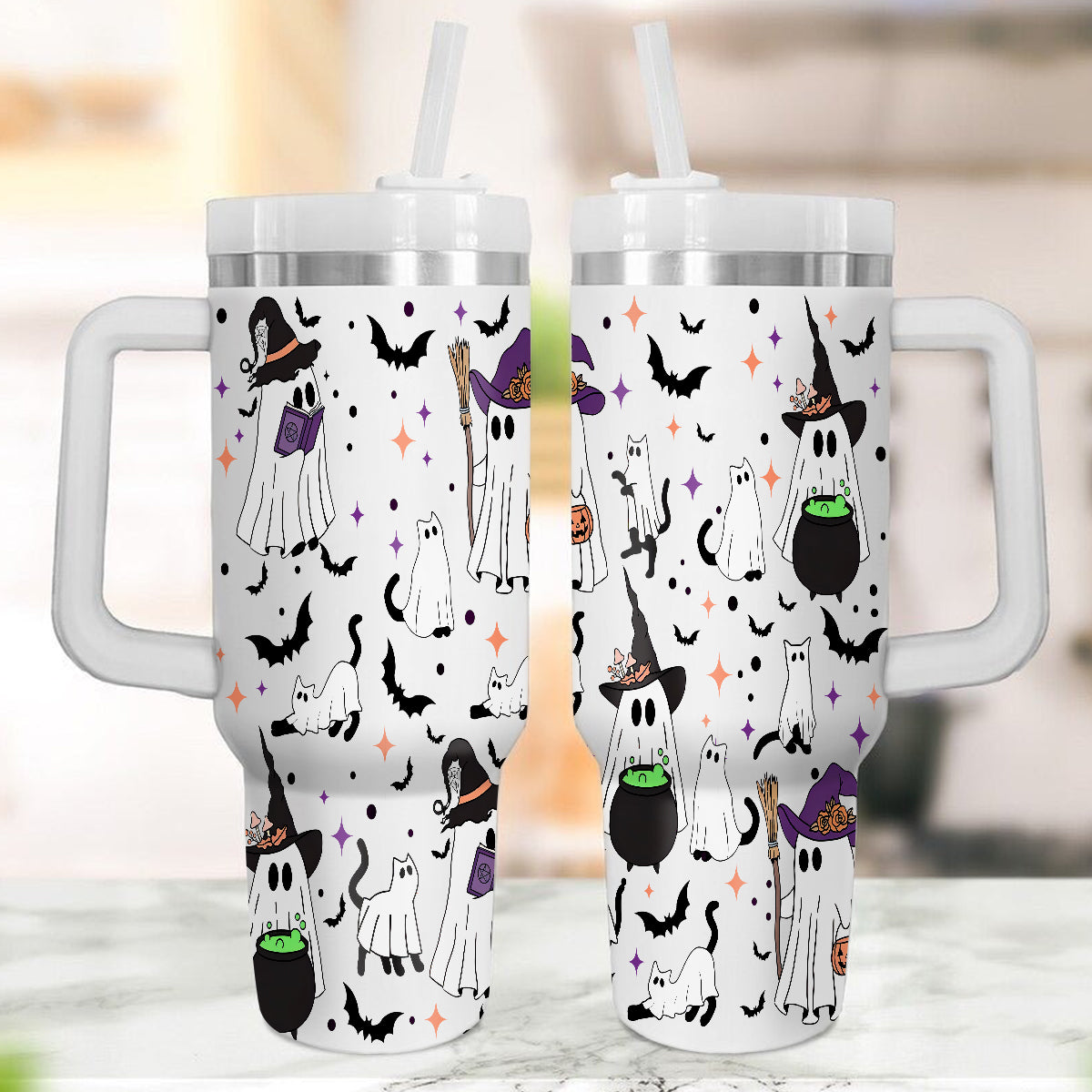 Petthouse | Spooky Vibes Ghost Cat 40oz Tumbler, Halloween Ghost Cat, Spooky Black Cat Cup, Cat Lover