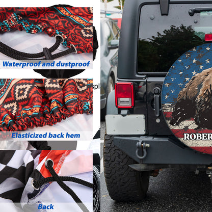 Petthouse | Customized Name Hunting Bear Forest American Flag Spare Tire Cover Wild Bear Durable Tire Protector