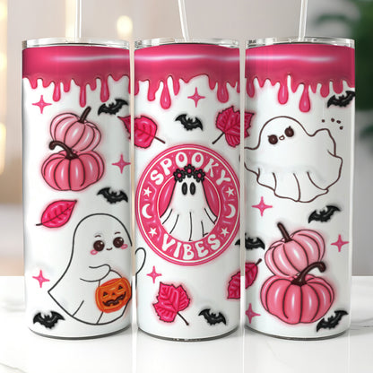 Petthouse | Spooky Vibes 3d Inflated Effect Skinny Tumbler, Ghost Puff Pink Halloween Ghost Pumpkin