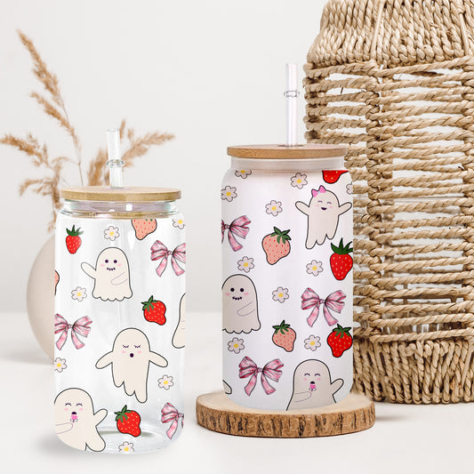 Petthouse | Strawberry Ghosts And Coquette Bows Glass Can, Cute Halloween Glass Can, Strawberry Ghost Cup