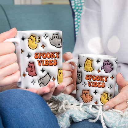 Petthouse | Cute Ghost Cat Mug, Spooky Vibes 3d Inflated Print Mug, Fall Coffee Mug, Cat Lover Gift