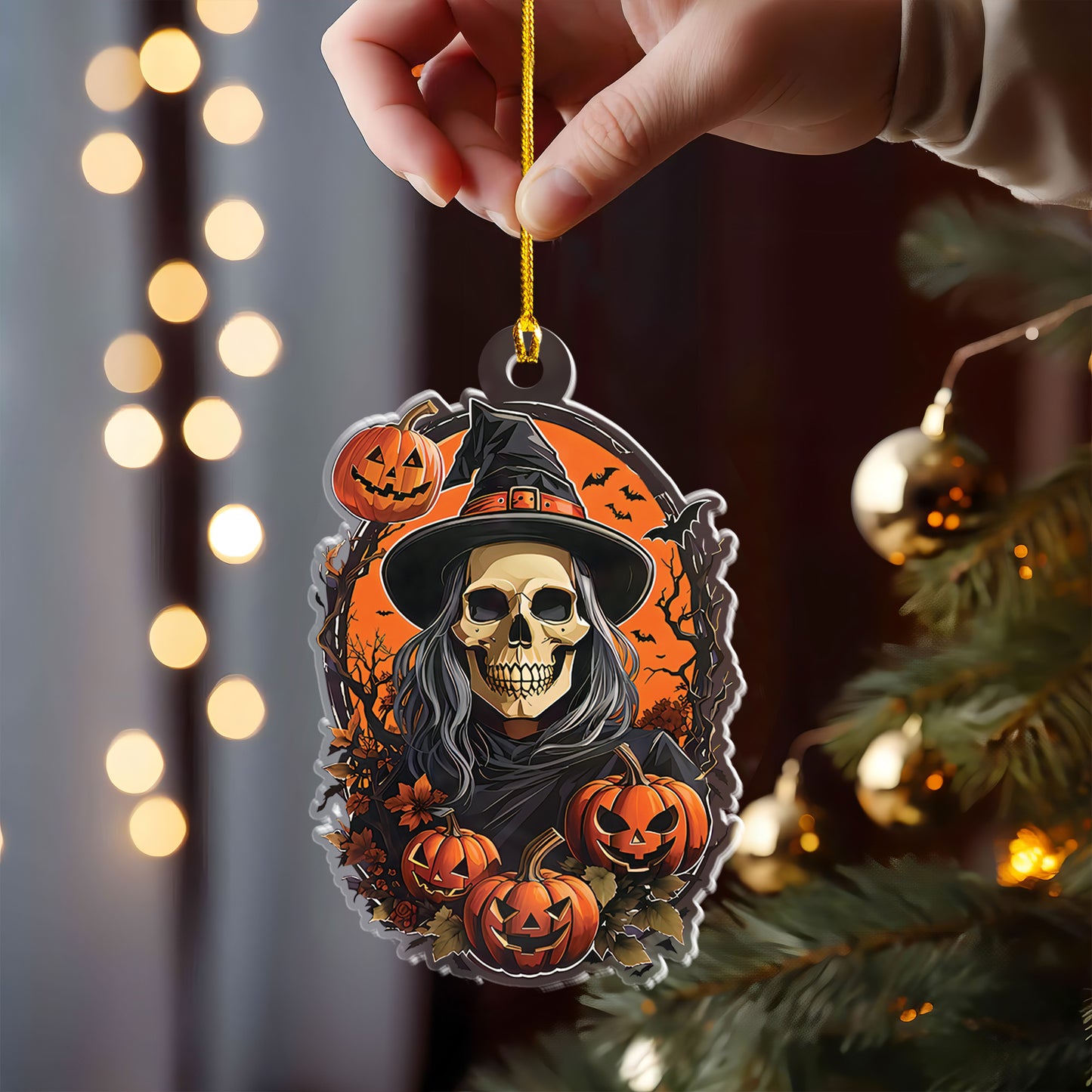 Petthouse | Witch Skull Halloween Ornament, Halloween Pumpkin Acrylic Ornament Hanging, Home Decor Gift