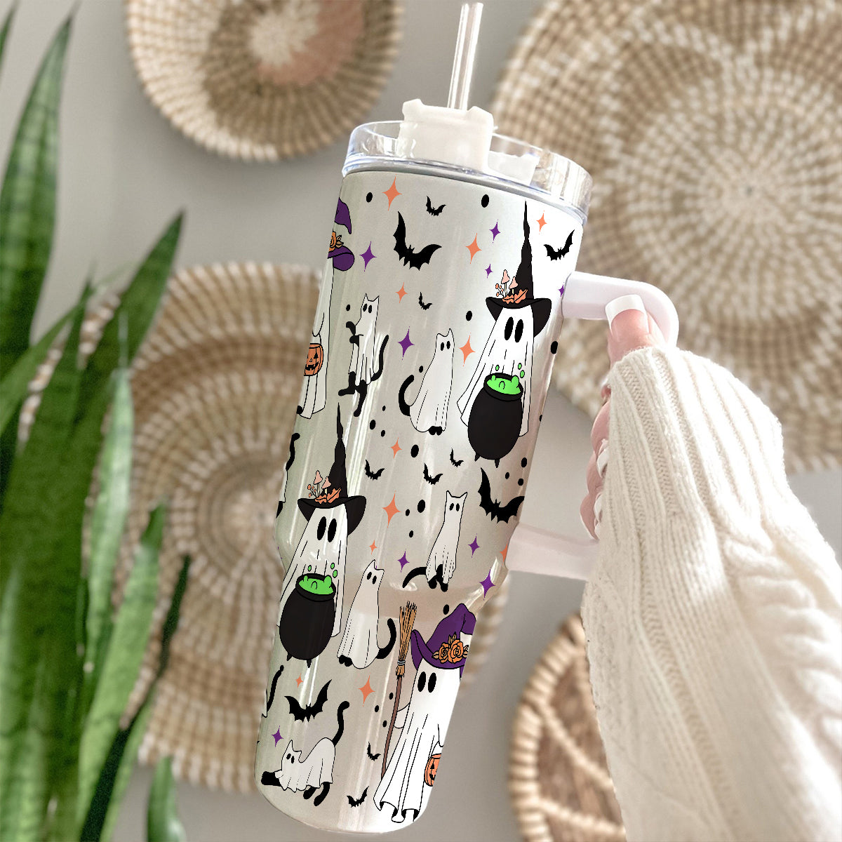 Petthouse | Spooky Vibes Ghost Cat 40oz Tumbler, Halloween Ghost Cat, Spooky Black Cat Cup, Cat Lover