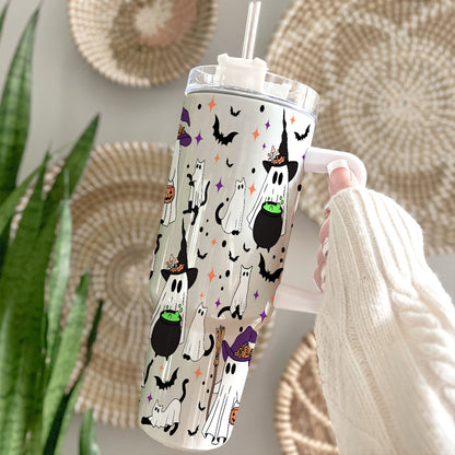 Petthouse | Spooky Vibes Ghost Cat 40oz Tumbler, Halloween Ghost Cat, Spooky Black Cat Cup, Cat Lover