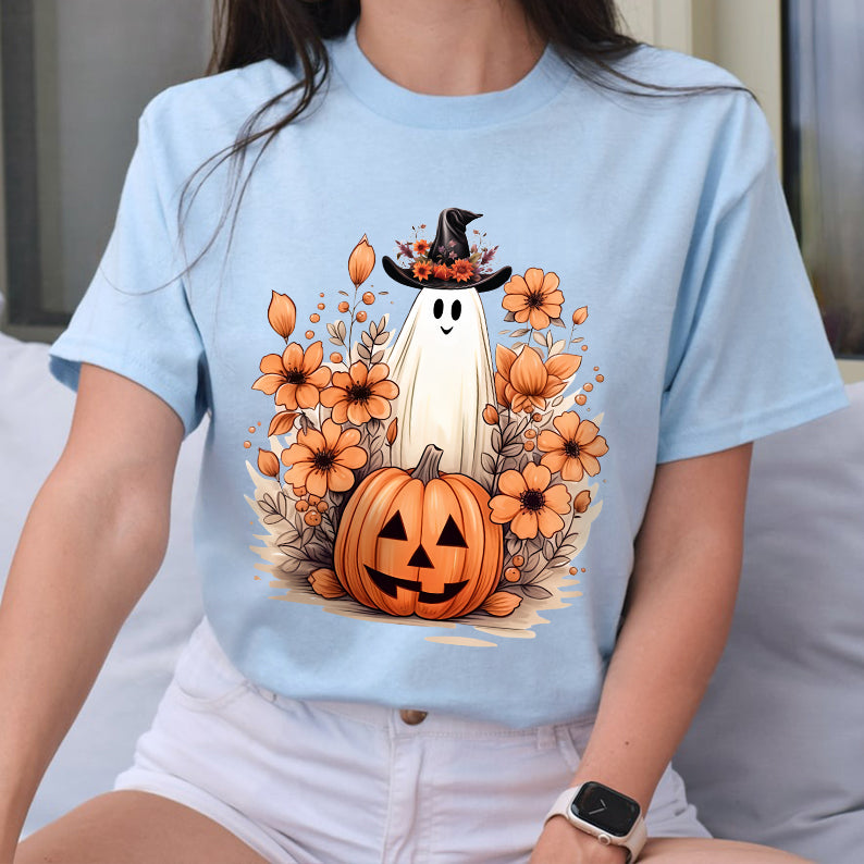 Petthouse | Cute Ghost Pumpkin T-shirt, Fall Autumn Halloween, Floral Ghost Pumpkin, Halloween Shirt