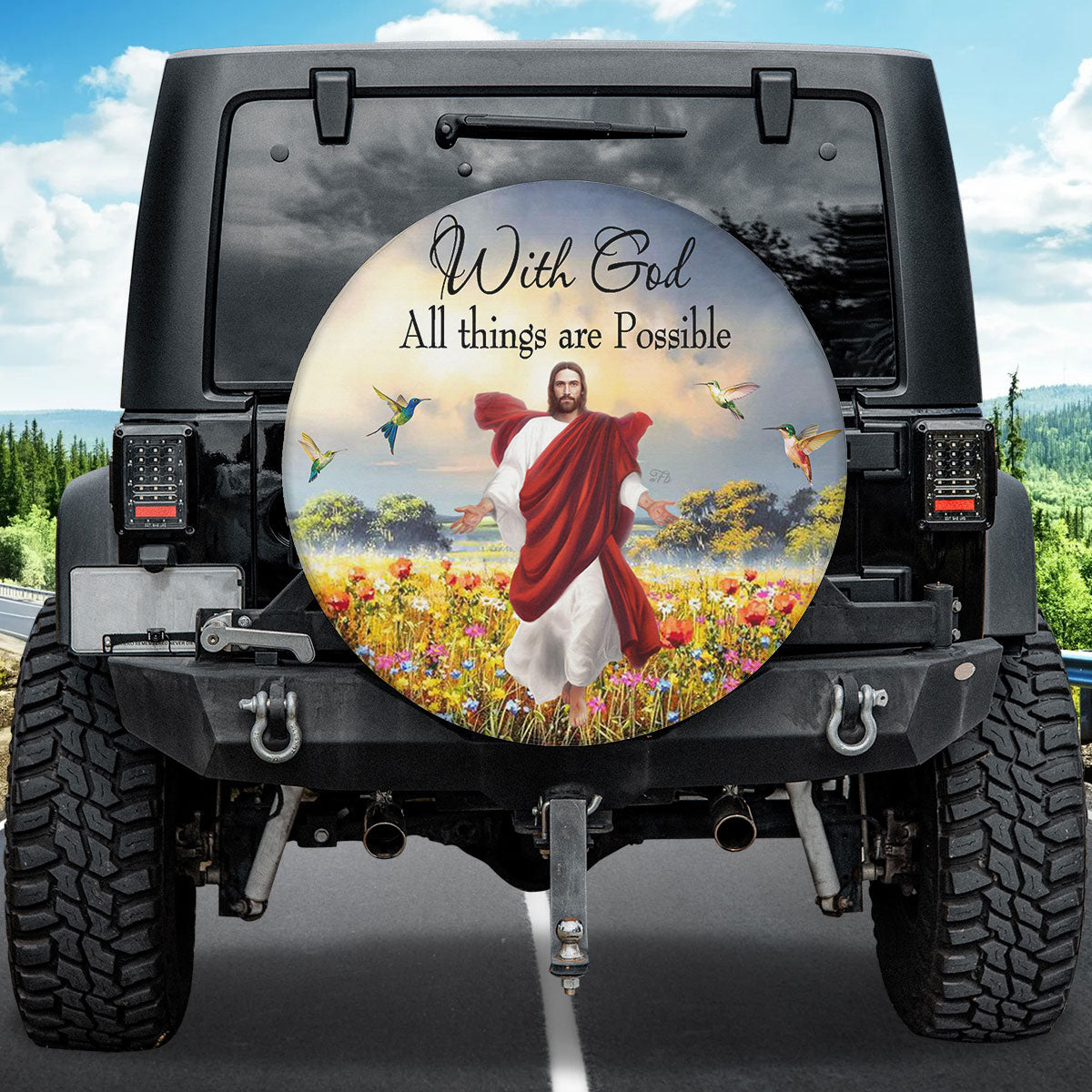 Petthouse | Jesus God Wheel Tire Covers Hummingbird Beautiful Landscape With God All Things Spare Tire Cover