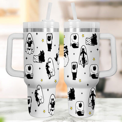 Petthouse | Halloween Cute Ghost Cat 40oz Tumbler, Spooky Black Cat Stainless Steel Tumbler, Cat Lover