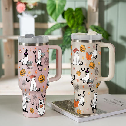 Petthouse | Halloween Cat Ghost Reading 40oz Tumbler, Spooky Cat Bookish Stainless Steel Tumbler, Ghost Cat