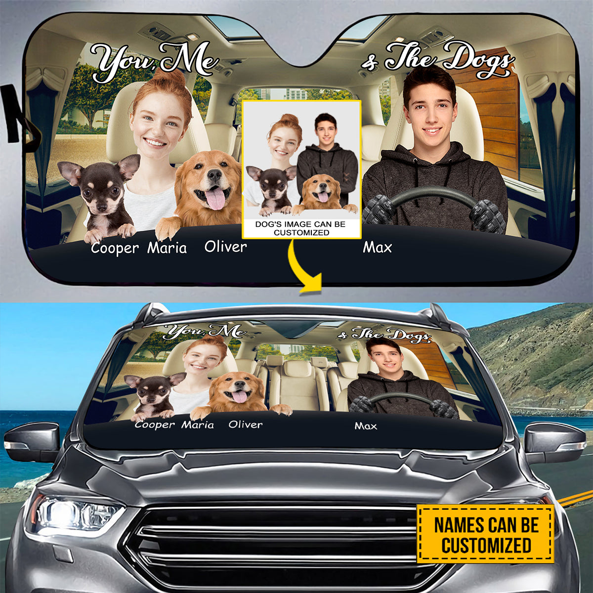 Petthouse | Dog Mom Dog Dad Customized Windshield Sun Shade With Pet's Photo You Me And The Dog