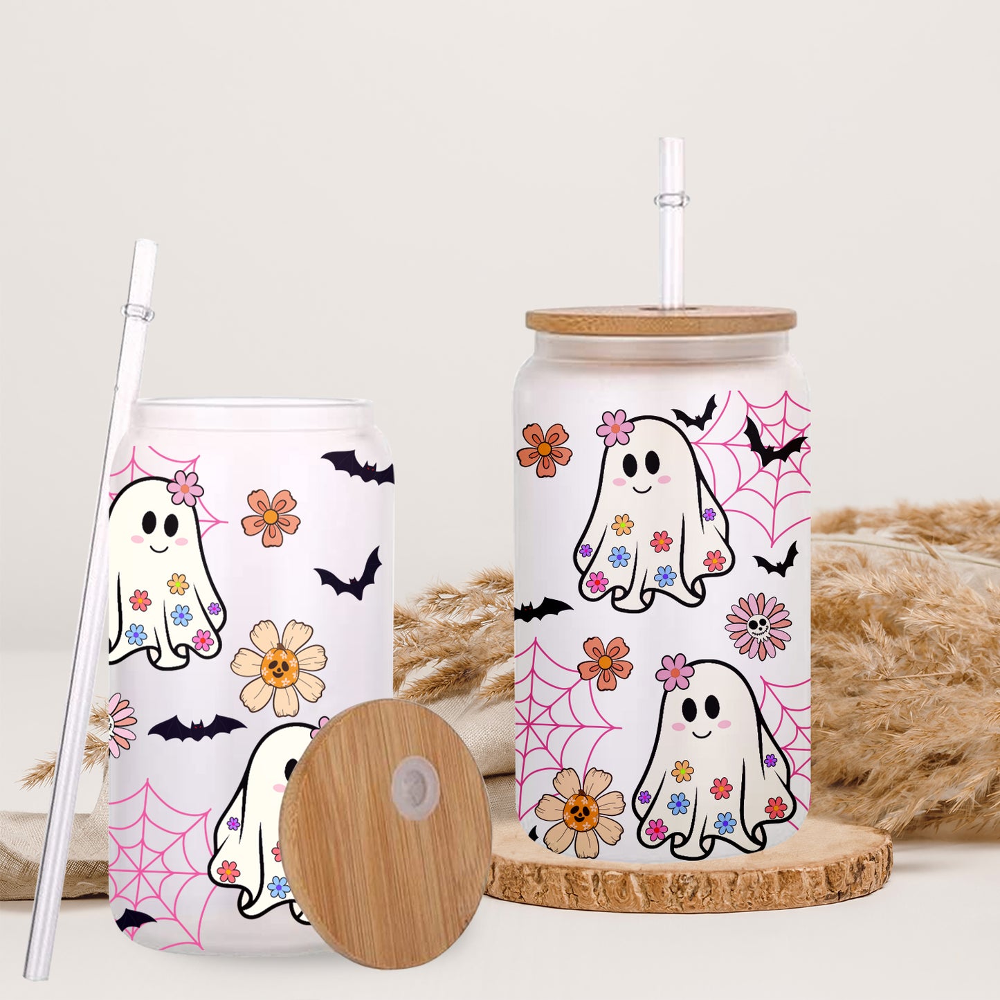 Petthouse | Spooky Ghost Glass Can, Cute Ghost Iced Coffee Glass, Flowers Halloween Glass, Fall Vibes