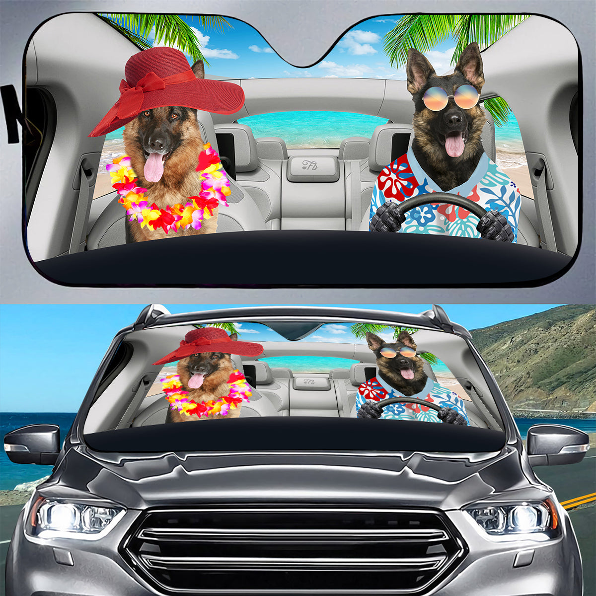 Petthouse | German Shepherd Dog Couple Car Windshield Sun Shade Funny Dog Windshield Visors Car Decor