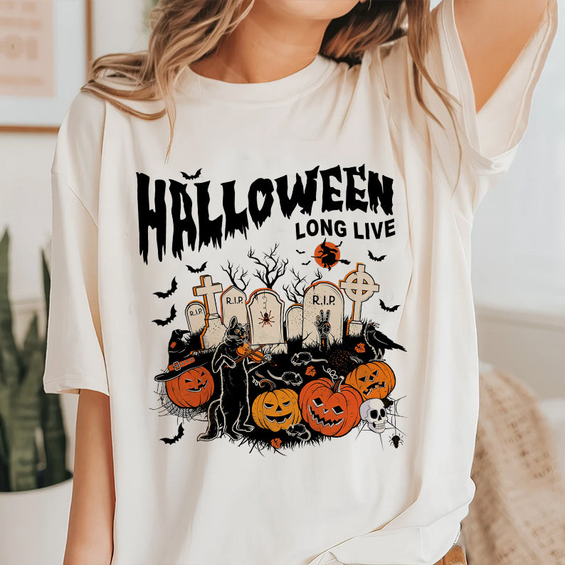 Petthouse | Long Live Halloween T-shirt, Spooky Vibes Shirt, Cat Playing Violin Halloween Vibes Shirt