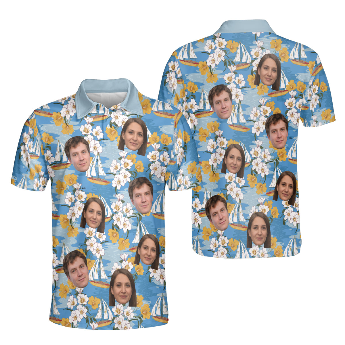 Petthouse | Customized Picture Island Tropical Ocean Sail Boat Hibiscus Seamless Pattern Polo Shirt Summer Vacation