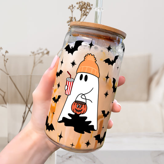 Petthouse | Halloween Ghost Glass Coffee Cup, Cute Ghost Glass Can, Spooky Season Iced Coffee Glass