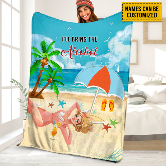 Petthouse | Personalized Name Girl On Beach Throw Blanket, I'll Bring The Alcohol Fleece Blanket, Beach Vibes Travel