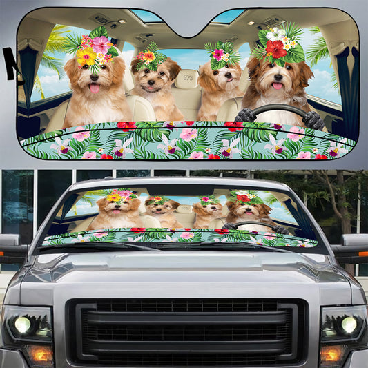 Petthouse | Havanese Dog Driving A Car Windshield Sun Shade Hello Summer Sun Visor For Car Hibicus