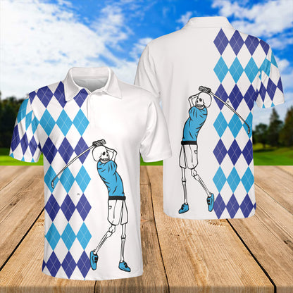 Petthouse | Skeleton Golfer Blue Argyle Pattern Polo Shirt Golf Sport Lover Polo For Mens Golf Players Gift Idea