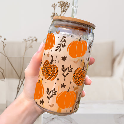 Petthouse | Fall Pumpkins Glass Can, Fall Pumpkins Glass Tumbler, Fall Coffee Glass, Leopard Pumpkin